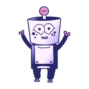 Mutlu çizgi film robotu parlak neon renginde merhaba diyor.