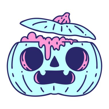 parlak neon renkli, ürkütücü bir cadılar bayramı balkabağı çizgi filmi.