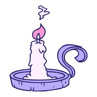 Bir mum tutacağının el çizimi karalaması ve parlak neon renkli bir mum.