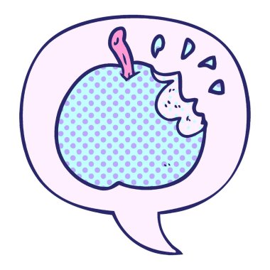 çizgi roman tarzı parlak neon renkli konuşma balonu olan taze ısırılmış elma.