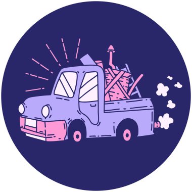 Parlak neon renkli döküntü taşıyan dövme tarzı bir kamyonun simgesi