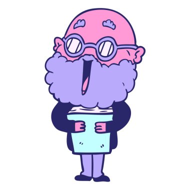 çizgi film neon renkli sakallı ve kitaplı neşeli adam.