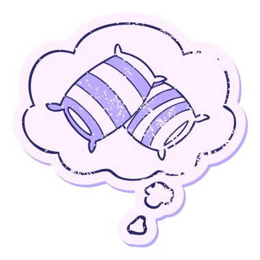 Düşünce baloncuklu çizgi film yastıkları, parlak neon renkli, yıpranmış bir çıkartma gibi.