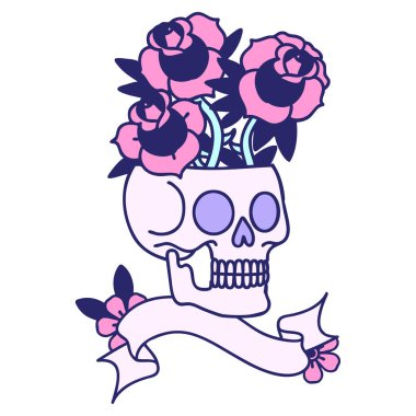 Kafatası sancağıyla geleneksel dövme ve parlak neon renkli güller