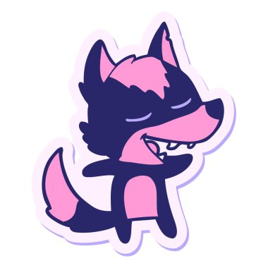 Parlak neon renkli gülen bir kurt çizgi filminin çıkartması.