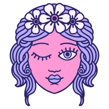 Göz kırpan yüz dövme stili tasarımı parlak neon rengi