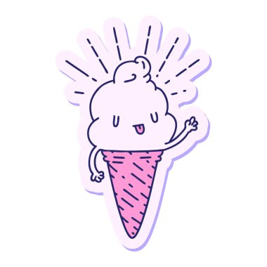 Parlak neon renkte sallanan dövme stili dondurma karakterinin çıkartması