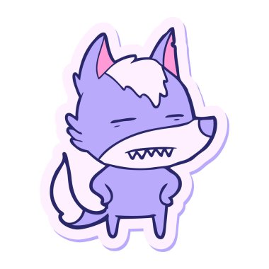 Parlak neon renkli dişlerini gösteren bir kurt çizgi filminin çıkartması.