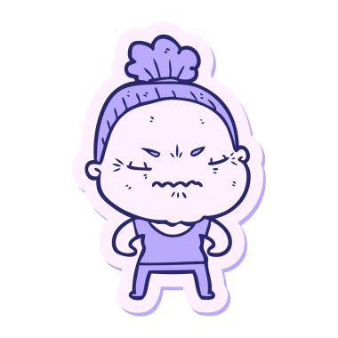 Çizgi film çıkartması. Parlak neon renkli yaşlı kadın.