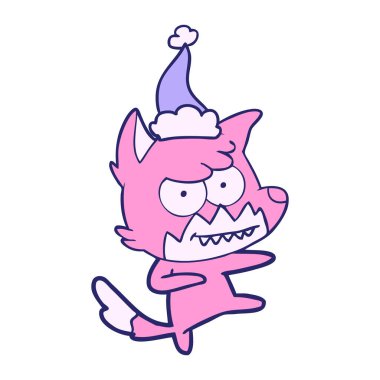 Parlak neon renkli Noel Baba şapkası giymiş sırıtan bir tilkinin el çizimi.