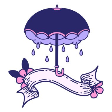 Şemsiye sancağıyla geleneksel dövme ve parlak neon renkli fırtına bulutu.