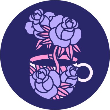 Bir fincanın ikonik dövme şekli ve parlak neon renkli çiçekler