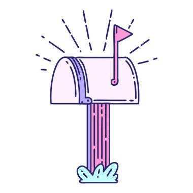 Parlak neon renkli geleneksel dövme stili kapalı posta kutusunun çizimi