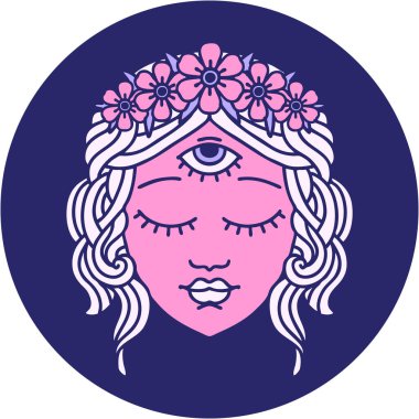 İkonik dövme stili. Üçüncü gözü ve parlak neon renginde çiçek taçı olan kadın yüzü.