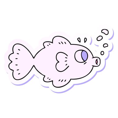 Parlak neon renkli karikatür balığı çizilmiş garip bir el çıkartması.