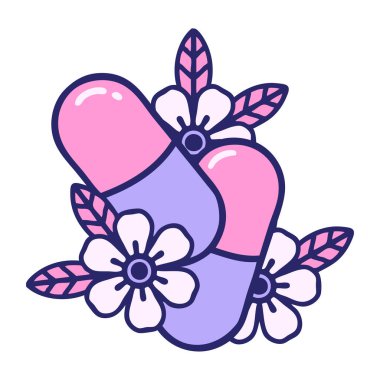 Parlak neon renkli hap ve çiçeklerin ikonik dövme görüntüsü