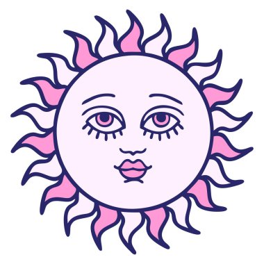 Yüzü parlak neon renkli geleneksel bir güneş dövmesi.