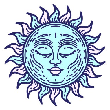 Parlak neon renkli geleneksel bir güneş dövmesi.