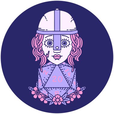 Doğal 20 D20 zarlı insan dövüşçüsü simgesi parlak neon renginde yuvarlanıyor