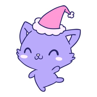 El çizimi kawaii kedisinin parlak neon renkli Noel karikatürü