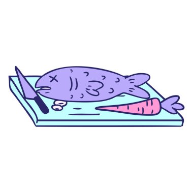 Parlak neon renkli bir yiyecek doğrama tahtasının el çizimi karikatürü.