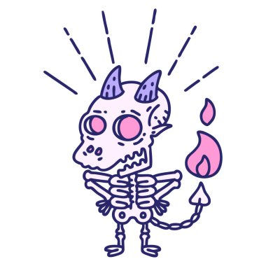 Parlak neon renkli geleneksel bir dövme stili iskelet iblis karakteri çizimi