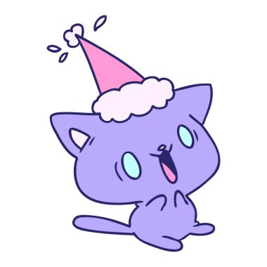 El çizimi kawaii kedisinin parlak neon renkli Noel karikatürü
