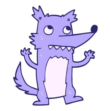 El çizimi karikatür tarzı parlak neon renkli bir kurt.