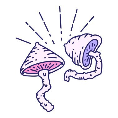 Parlak neon renkli geleneksel dövme mantarlarının çizimi