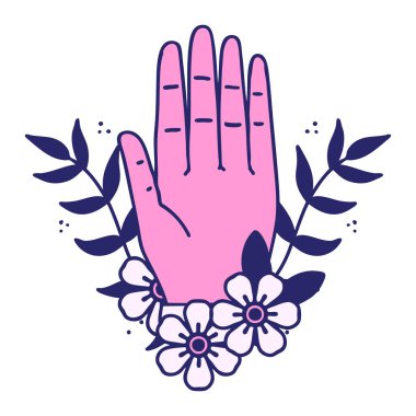 Geleneksel el şeklinde dövme ve parlak neon renkli çiçek.