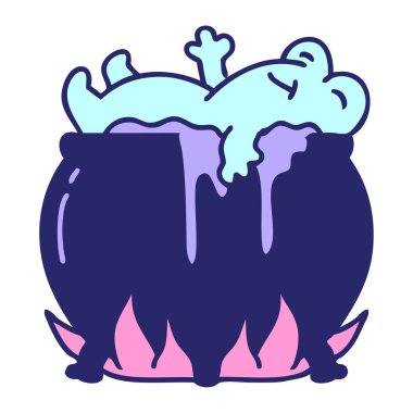 parlak neon renkli bir kazanda yıkanan kurbağa karikatürü.