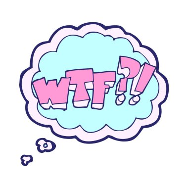 Serbest çizilmiş düşünce balonu çizgi filmi WTF sembolü parlak neon rengi