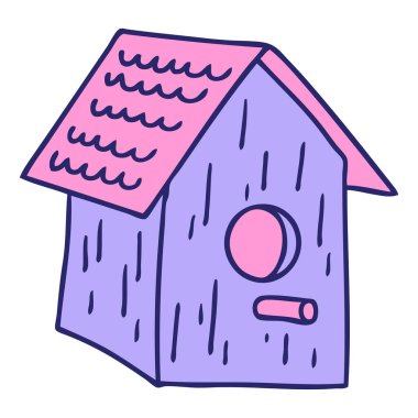 Parlak neon renkli ahşap bir kuş evinin el çizimi karikatürü.