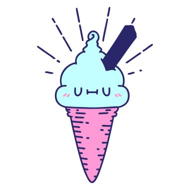 Parlak neon renkli geleneksel dövme stili dondurma karakterinin çizimi