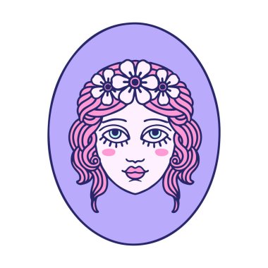 Saçında parlak neon rengi çiçekler olan geleneksel bir bakire dövmesi.