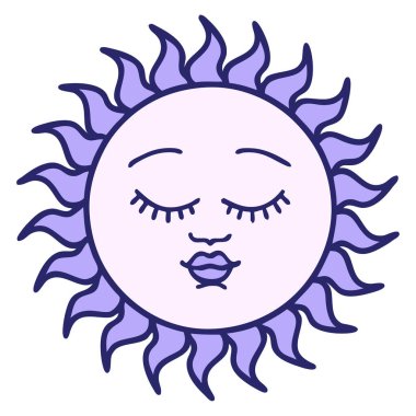 Yüzü parlak neon renkli bir güneşin ikonik dövme görüntüsü