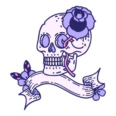 Kafatası sancağıyla geleneksel dövme ve parlak neon rengi gül.