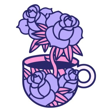 Bir fincanın ikonik dövme şekli ve parlak neon renkli çiçekler