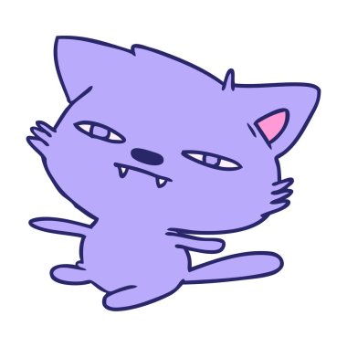 Parlak neon renkli şirin kawaii kedisinin serbest çizim karikatürü