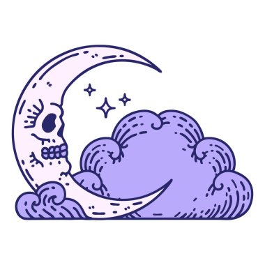 Kafatası hilal şeklinde geleneksel bir dövme ve parlak neon renkli bulutlar.