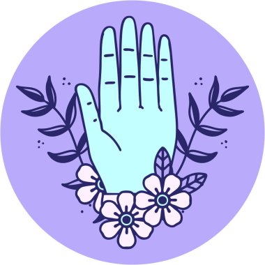 Parlak neon renkli bir el ve çiçeğin ikonik dövme şekli