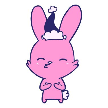 Meraklı tavşanın el çizimi parlak neon renkli Noel Baba şapkası