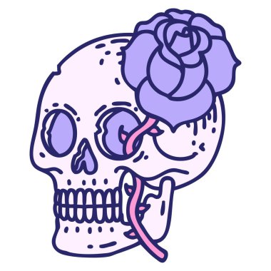 Bir kafatasının ikonik dövme şekli ve parlak neon rengi gül