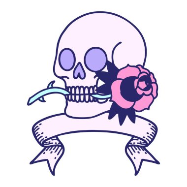 Kafatası sancağıyla geleneksel dövme ve parlak neon rengi gül.