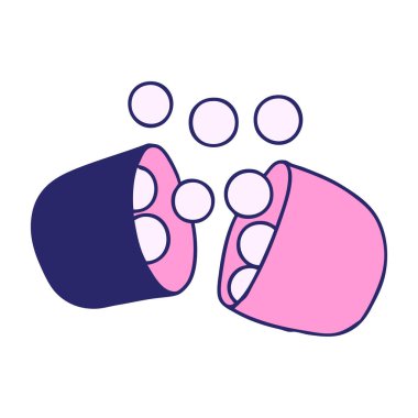 Açık ilaç tabletinin parlak neon rengi karikatür çizimi