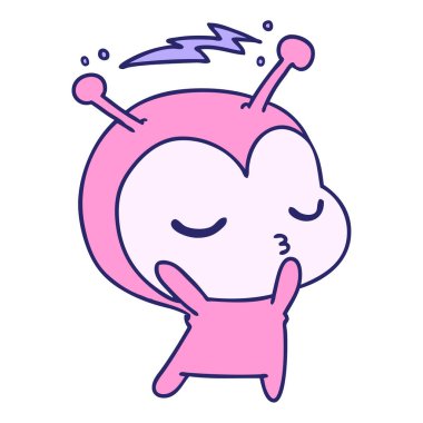 Parlak neon renkli sevimli bir kawaii uzaylının serbest çizim karikatürü