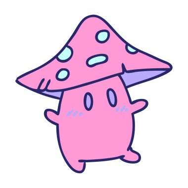 Parlak neon rengi sonbahar melteminde gülen nadir bulunan küçük bir mantar yaratığının çizgi filmi.