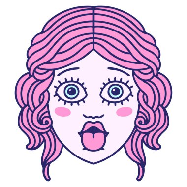 Geleneksel bir kadın yüzü dövmesi parlak neon renginde bir dil çıkarıyor.