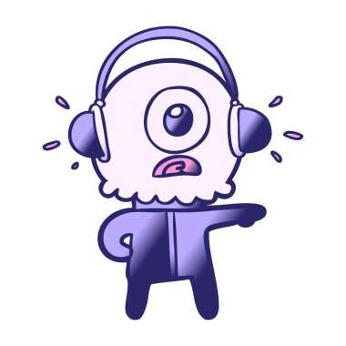 Çizgi film Tepegöz uzaylı uzay adamı Parlak neon renkte müzik dinliyor