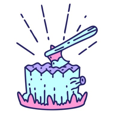 Parlak neon renkli ağaç kütüğündeki geleneksel dövme stili baltasının çizimi